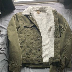 Army green corduroy jacket with faux fur inside